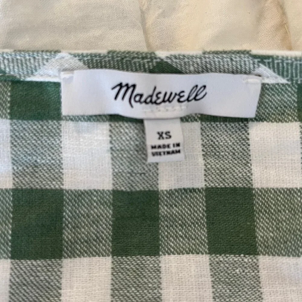 Madewell Green and White Gingham Puff-Sleeve Button-Front Top